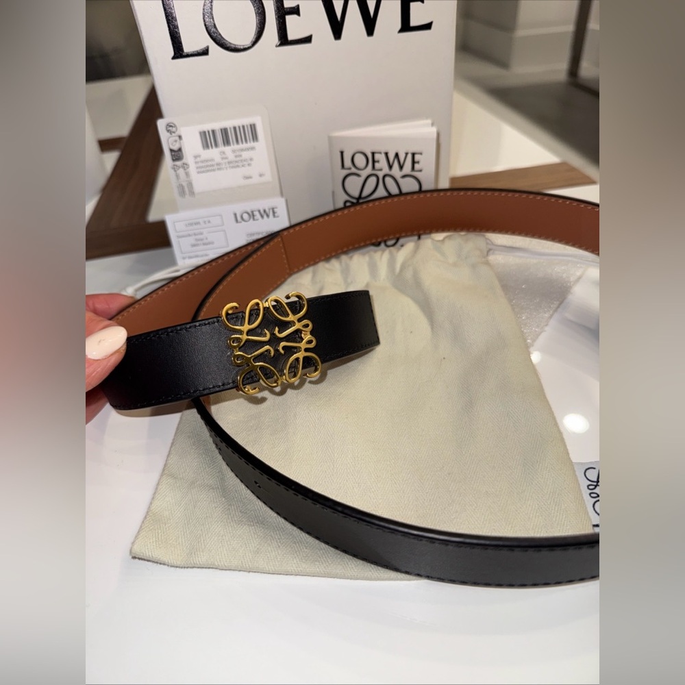 LOEWE REVERSIBLE BELT LEATHER BLACK BROWN Gold Buckle Women’s 80/32 Box Tag Bag